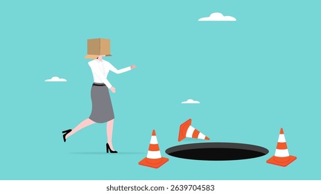 traps or business risks ahead, business woman with his face covered by a cardboard box is confused in determining the direction of the road
