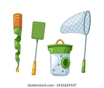 Traps For Pests Isolated Vector Set. Fly Swatter, Sticky Trap With Enticing Scents And Colors Ensnaring Bugs