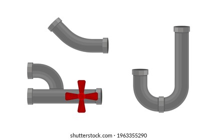 Traps as Shaped Pipe and Plumbing Fixture with Red Valve Vector Set
