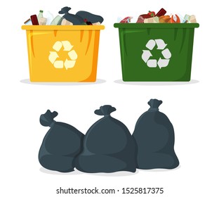 Trash Bag with Bin and Tank Icon. Black Garbage Bag on white Background. Trash Container Symbol, Icon and Badge. Cartoon Vector illustration.