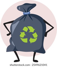 
Trash Bag Character with Recycling Symbol Vector Cartoon. Cheerful garbage bag mascot standing on white background 
