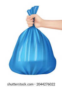 Trash Bag In Hand. Plastic Containers For Industrial Recycling Processes Urban Pollution Kitchen Rubber Bags Decent Vector Background