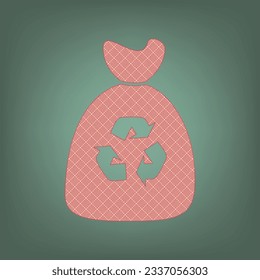 Trash bag icon. Apricot Icon with Brick Red parquet floor graphic pattern on a Ebony background. Feldgrau. Green. Illustration.
