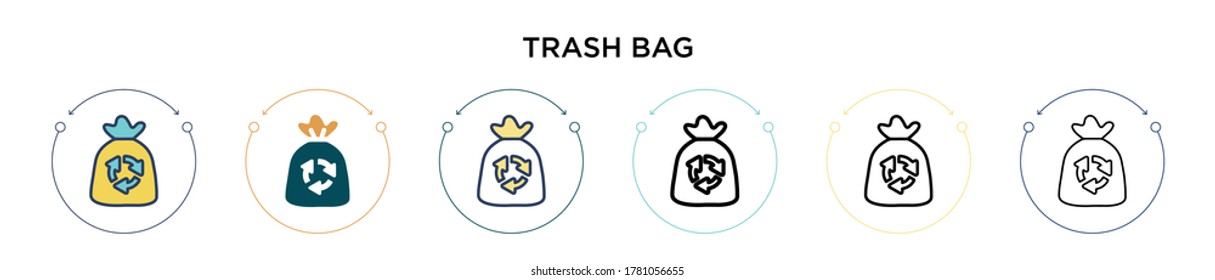 Trash bag icon in filled, thin line, outline and stroke style. Vector illustration of two colored and black trash bag vector icons designs can be used for mobile, ui, web