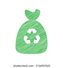 Trash bag icon. Green scribble Icon with solid contour on white background. Illustration.