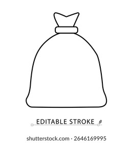 Um ícone de saco de lixo em estilo minimalista com traçado editável. Saco de lixo, eliminação de resíduos, saco plástico, objeto de limpeza, símbolo de saneamento, recipiente de lixo, ilustração de contorno, ícone de vetor.