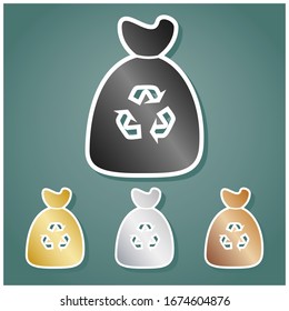 Trash bag icon. Set of metallic Icons with gray, gold, silver and bronze gradient with white contour and shadow at viridan background. Illustration.