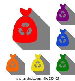 Trash bag icon. Set of red, orange, yellow, green, blue and violet icons at white background with flat shadow.