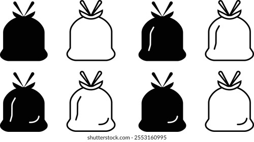 Trash bag icon set. rubbish junk bag filled flat sign for mobile concept and web design. Recycle Bin and Plastic Bag glyph icon disposal garbage. Symbol logo Vector graphics on transparent background.