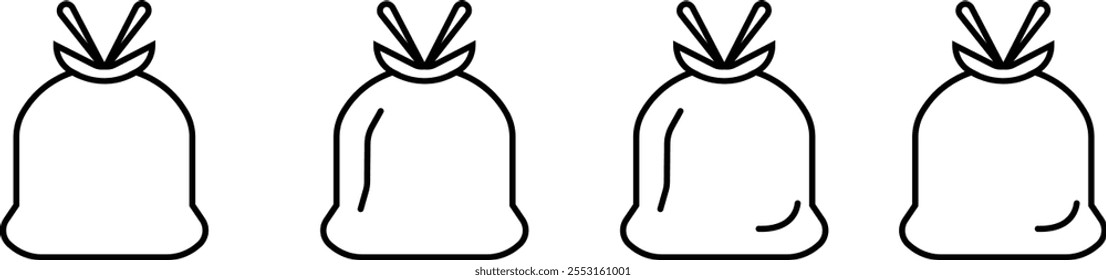 Conjunto de iconos de bolsas de basura. bolsa de basura llena de letrero plano para el concepto móvil y el Diseño web. Papelera de reciclaje y bolsa de plástico icono de glifo de eliminación de basura. Gráficos del Vector del logotipo del símbolo en fondo transparente.