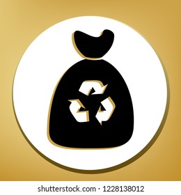 Trash bag icon. Vector. Black icon with light brown shadow in white circle with shaped ring at golden background.
