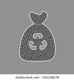 Trash bag icon. Vector. Black maze filled icon with white border at gray background.
