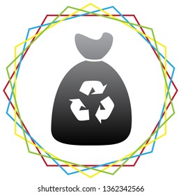 Trash bag icon. Vector. Black icon with patch of light inside colorful hexagonal frames at white background.