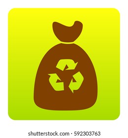 Trash bag icon. Vector. Brown icon at green-yellow gradient square with rounded corners on white background. Isolated.