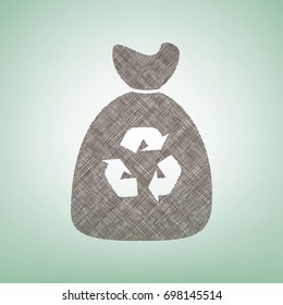 Trash bag icon. Vector. Brown flax icon on green background with light spot at the center.