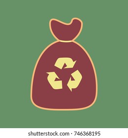 Trash bag icon. Vector. Cordovan icon and mellow apricot halo with light khaki filled space at russian green background.