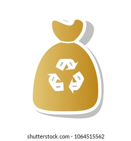 Trash bag icon. Vector. Golden gradient icon with white contour and rotated gray shadow at white background.