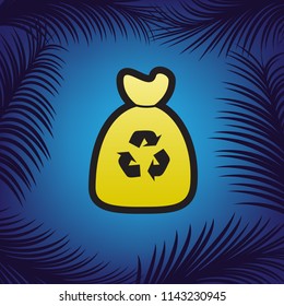 Trash bag icon. Vector. Golden icon with black contour at blue background with branches of palm trees.