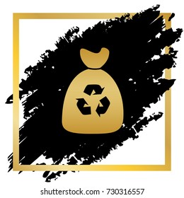 Trash bag icon. Vector. Golden icon at black spot inside golden frame on white background.