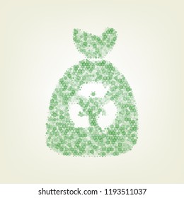 Trash bag icon. Vector. Green hexagon rastered icon and noised opacity and size at light green background with central light.