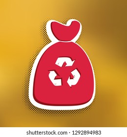Trash bag icon. Vector. Magenta icon with darker shadow, white sticker and black popart shadow on golden background.