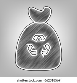 Trash bag icon. Vector. Pencil sketch imitation. Dark gray scribble icon with dark gray outer contour at gray background.