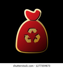 Trash bag icon. Vector. Red icon with small black and limitless shadows at golden sticker on black background.