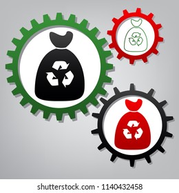Trash bag icon. Vector. Three connected gears with icons at grayish background.