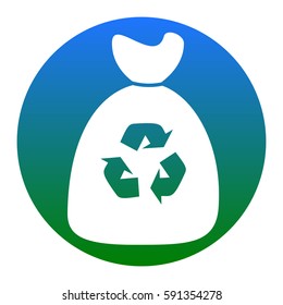Trash bag icon. Vector. White icon in bluish circle on white background. Isolated.