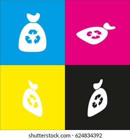 Trash bag icon. Vector. White icon with isometric projections on cyan, magenta, yellow and black backgrounds.