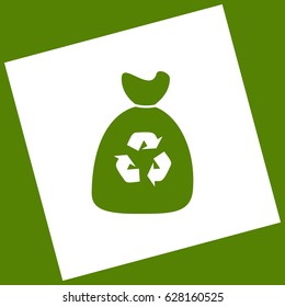 Trash bag icon. Vector. White icon obtained as a result of subtraction rotated square and path. Avocado background.