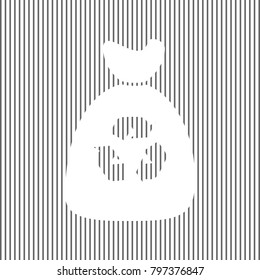 Trash bag icon. Vector. White icon on grayish striped background. Optical illusion.