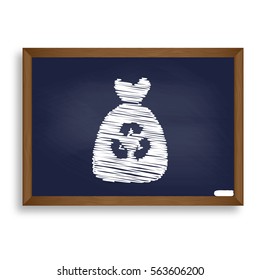 Trash bag icon. White chalk icon on blue school board with shadow as background. Isolated.