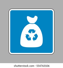 Trash bag icon. White icon on blue sign as background.