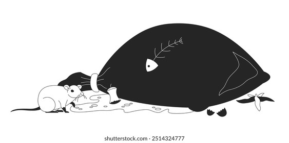 Saco de lixo com sobras e objeto de linha 2D preto e branco rato. Despejo de lixo. Poluição por resíduos e pragas população crescente isolado clip art vetor item de destaque. Ilustração de ponto monocromático