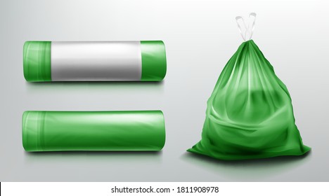 Trash bag mockup, plastic roll and sack full of garbage. Green disposable package for rubbish mock up. Household supplies for waste throw isolated on grey background. Realistic 3d vector illustration