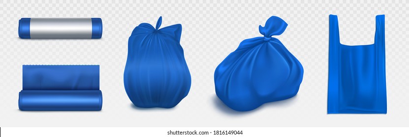 Trash bag mockup, plastic roll and sack full of garbage. Blue disposable package for rubbish and supermarket mock up. Household supplies for waste throw, isolated realistic 3d vector illustration set