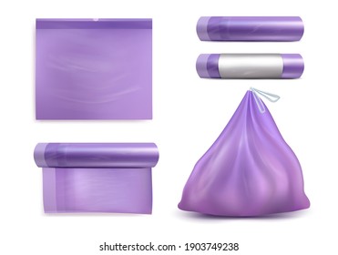 Trash bag mockup set, vector illustration isolated on white background. Realistic roll, empty and full of garbage plastic bags.