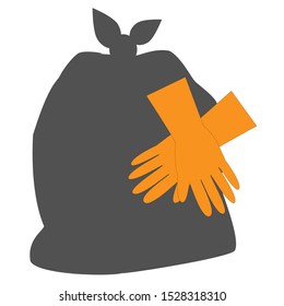 Trash bag with orange work gloves.