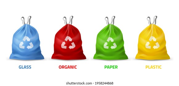 Trash bags colors. Realistic packages with handles for separate garbage collection, different colors and recycling sign, biodegradable plastic, eco care. Vector 3d isolated set