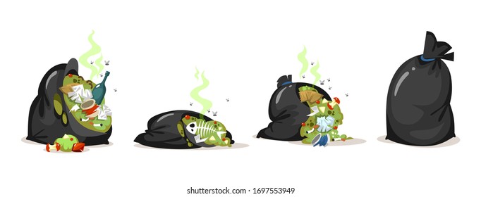 Trash bags with plastic and food waste set vector illustration. Garbage with smelly rubbish cartoon design. Ecology and environment concept. Isolated on white background