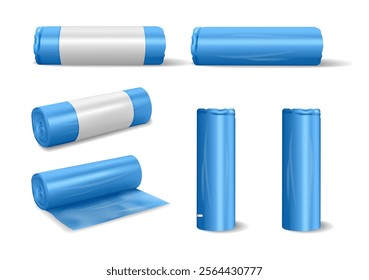 Trash bags in rolls, isolated set of realistic plastic garbage packages. Vector household wrapping for throwing away and cleaning dust. Empty packages with copy space for text or logotype