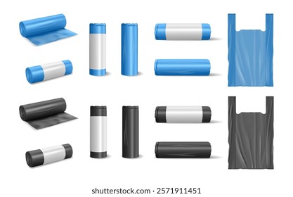 Trash bags in rolls with paper label with copy space, mockup. Vector isolated realistic packets with handles for carrying products or disposing goods, rubbish and litter from home. Junk and pollution