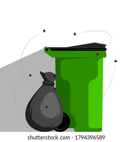 Trash Basket And Plastic Garbage Bags Flat Design Vector Illustration. Trash Can Full Of Flies Flying