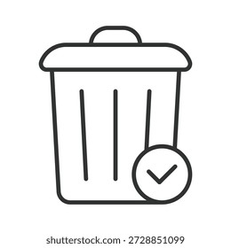 Icono aprobado del cubo de basura en diseño de línea. cubo de basura, marca de verificación, basura, control sobre Vector de fondo blanco. Icono de trazo editable de residuos