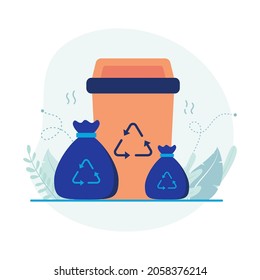 Trash bin and trash bag. Ecology and environment icon illustration. Flat vector suitable for many purposes.