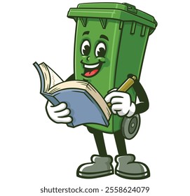 Trash Bin with book,  Cartoon Character Mascot Illustration Vector Clip-art Hand-drawn Logo Design