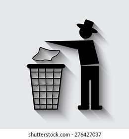 Trash bin or trash can with human figure symbol in vector with shadow on a grey background