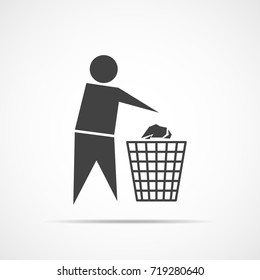 Trash bin or trash can with human figure. Black trash icon, isolated on light background. Vector illustration