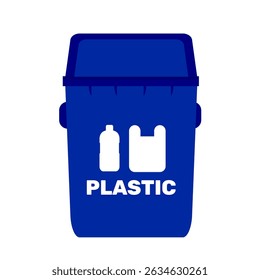 Trash bin or trash can with plastic label blue colour clip art vector illustration. Waste management graphic resource for education